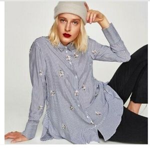 Zara Stripped Button Down Embroidered Blouse / S